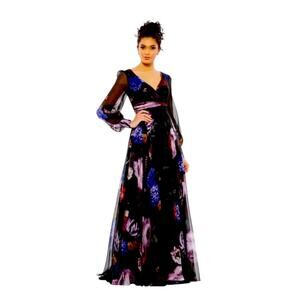 Mac Duggal NEW Size 8 67872 Black Chiffon Bishop Sleeve Floral Print Gown Dress